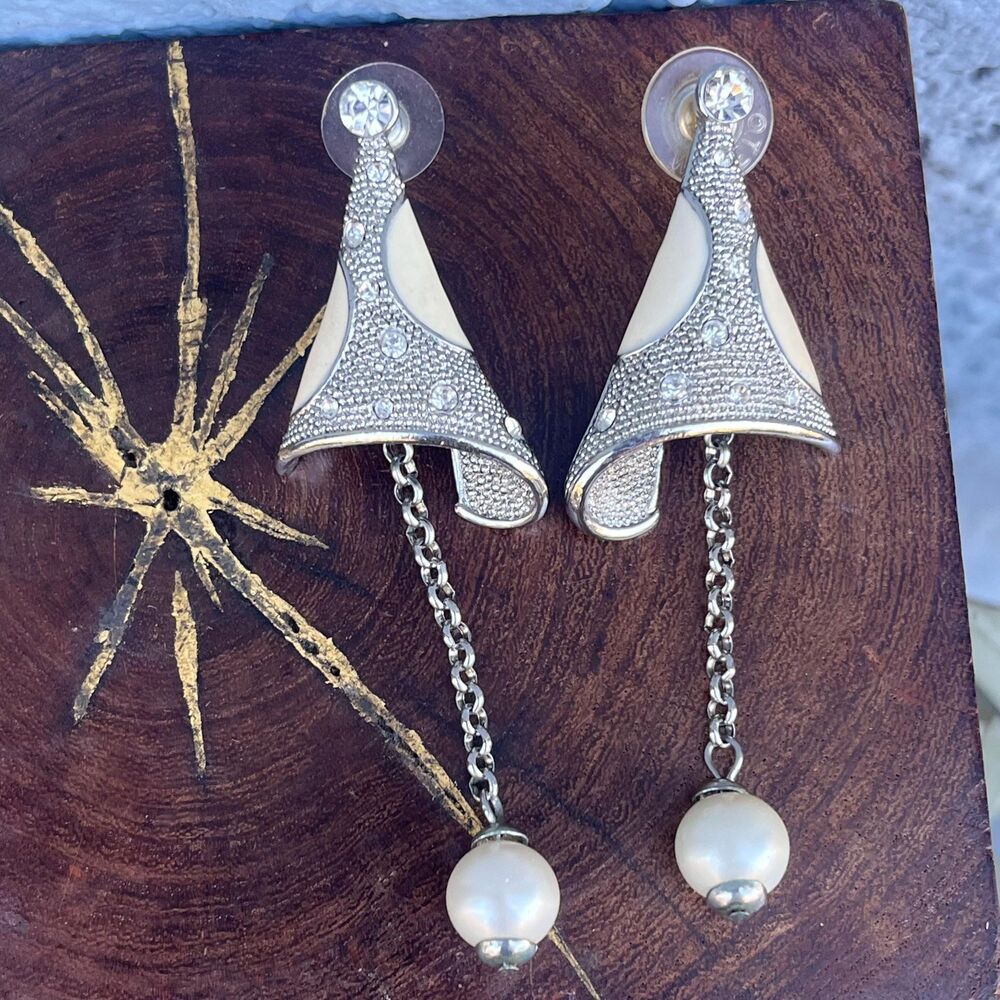 Vintage Silver Dangle Earrings Faux Pearl Mushroom Style fairy jewelry